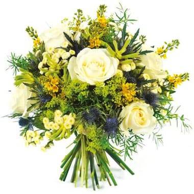 Fleurs en Deuil| Image du bouquet rond de fleurs blanche et jaune Alchimie