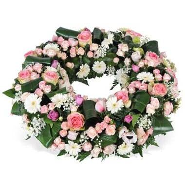 Fleurs en Deuil | image de la Couronne de fleurs blanche et rose "Infinie Tendresse"