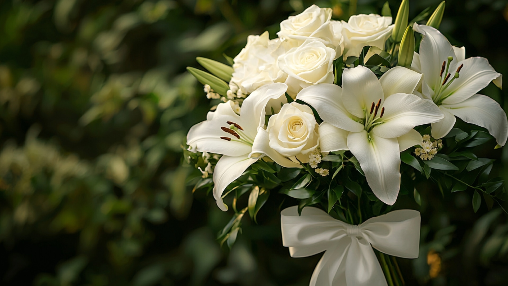 Bouquet de roses blanches et lys majestueux pour un hommage lors d'une crémation