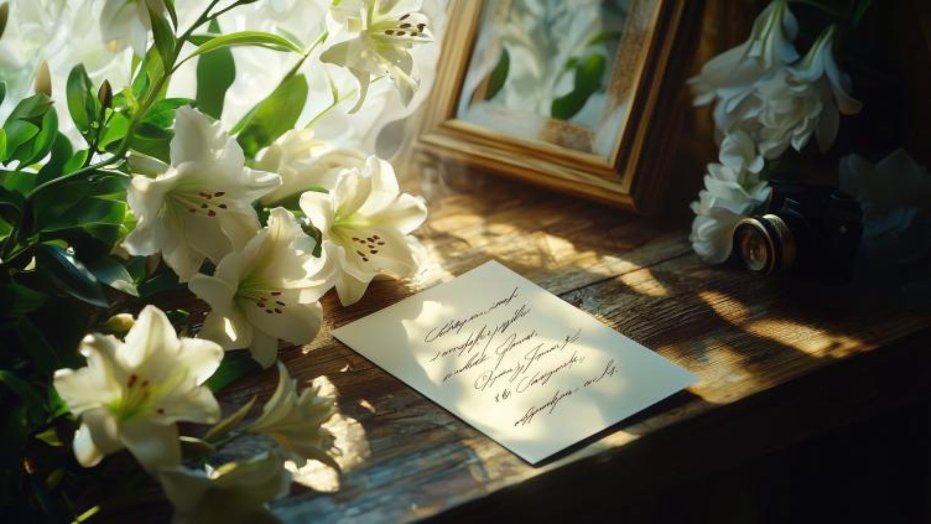 Carte de condoléances manuscrite avec fleurs de deuil