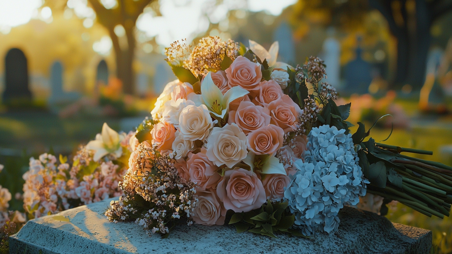 Bouquet de fleurs pastel sur une tombe fleurie