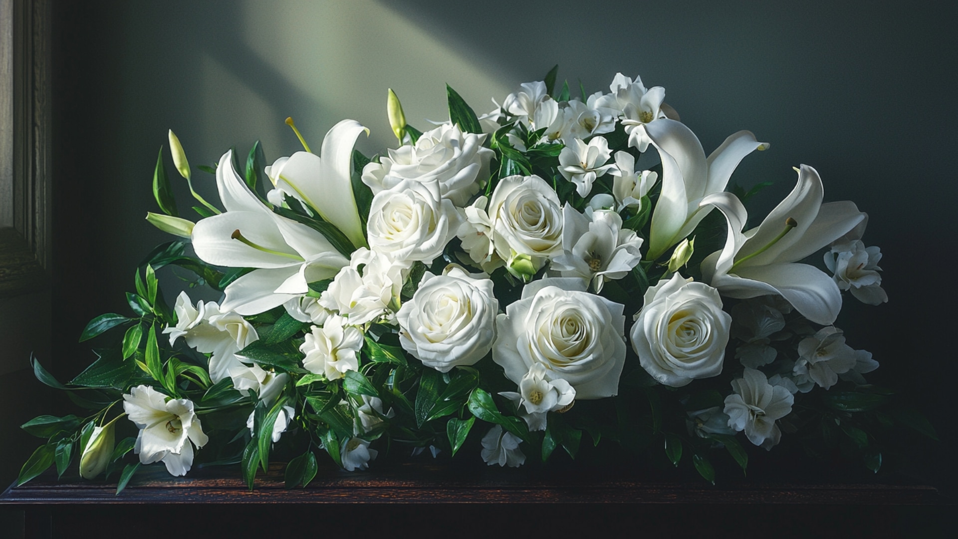 Bouquet de roses blanches et lys pour obsèques