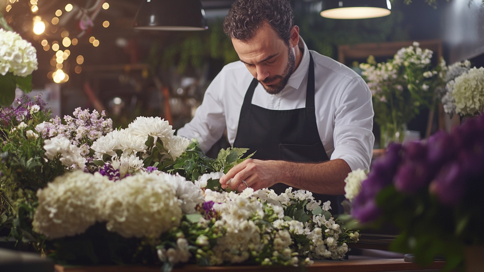 Fleuriste composant un arrangement funéraire personnalisé