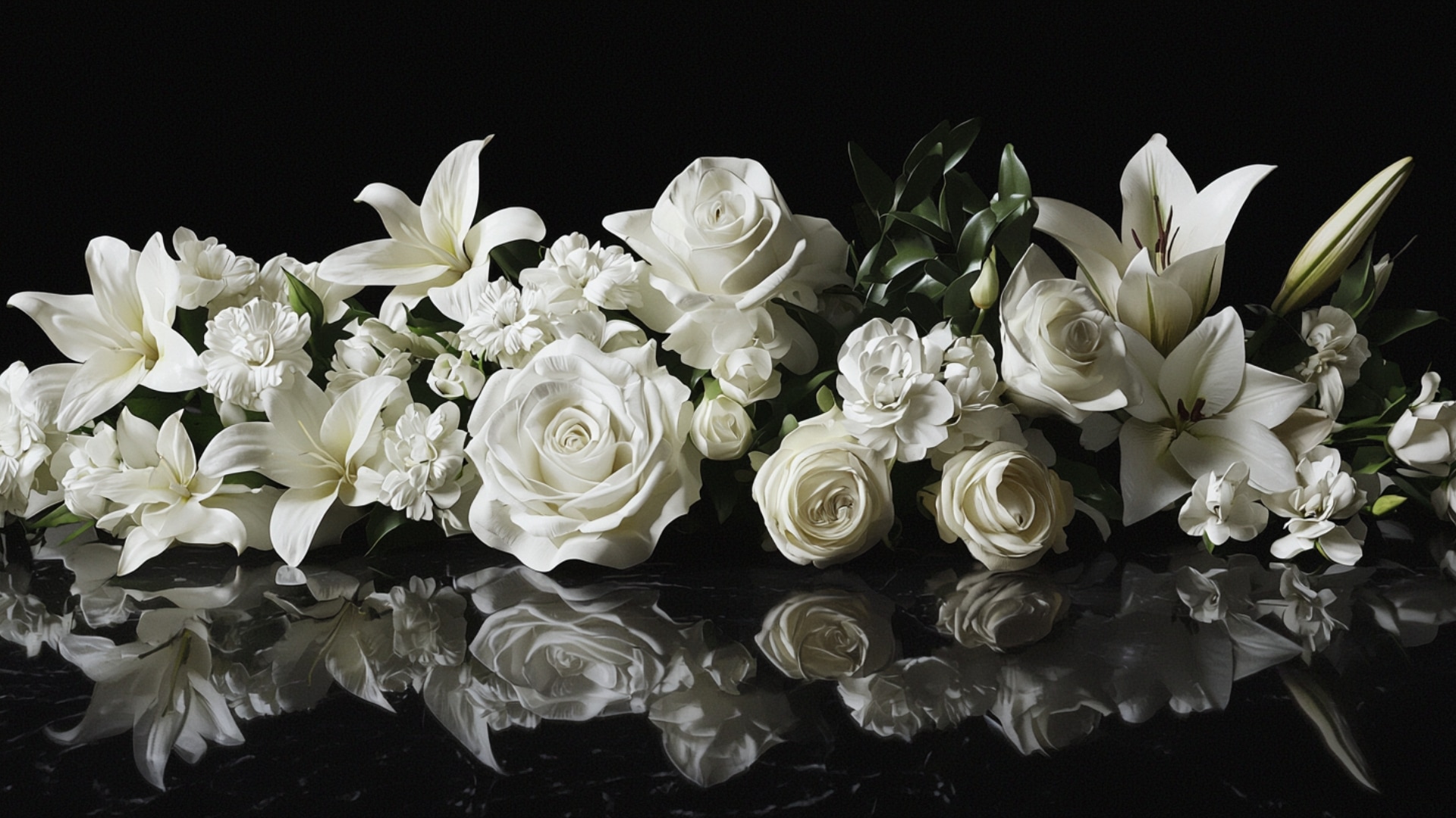 Variété de fleurs de deuil : roses blanches, lys et œillets