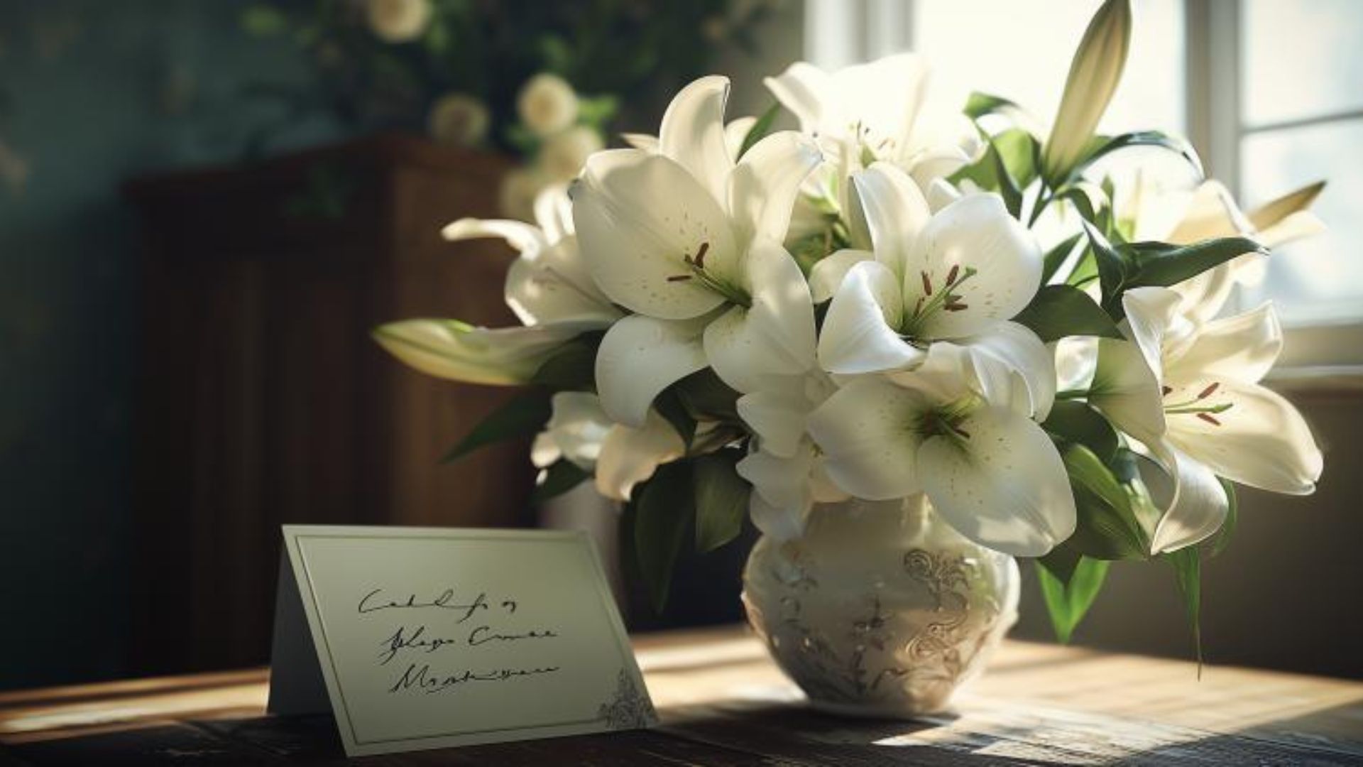 Bouquet de fleurs blanches avec carte de condoléances