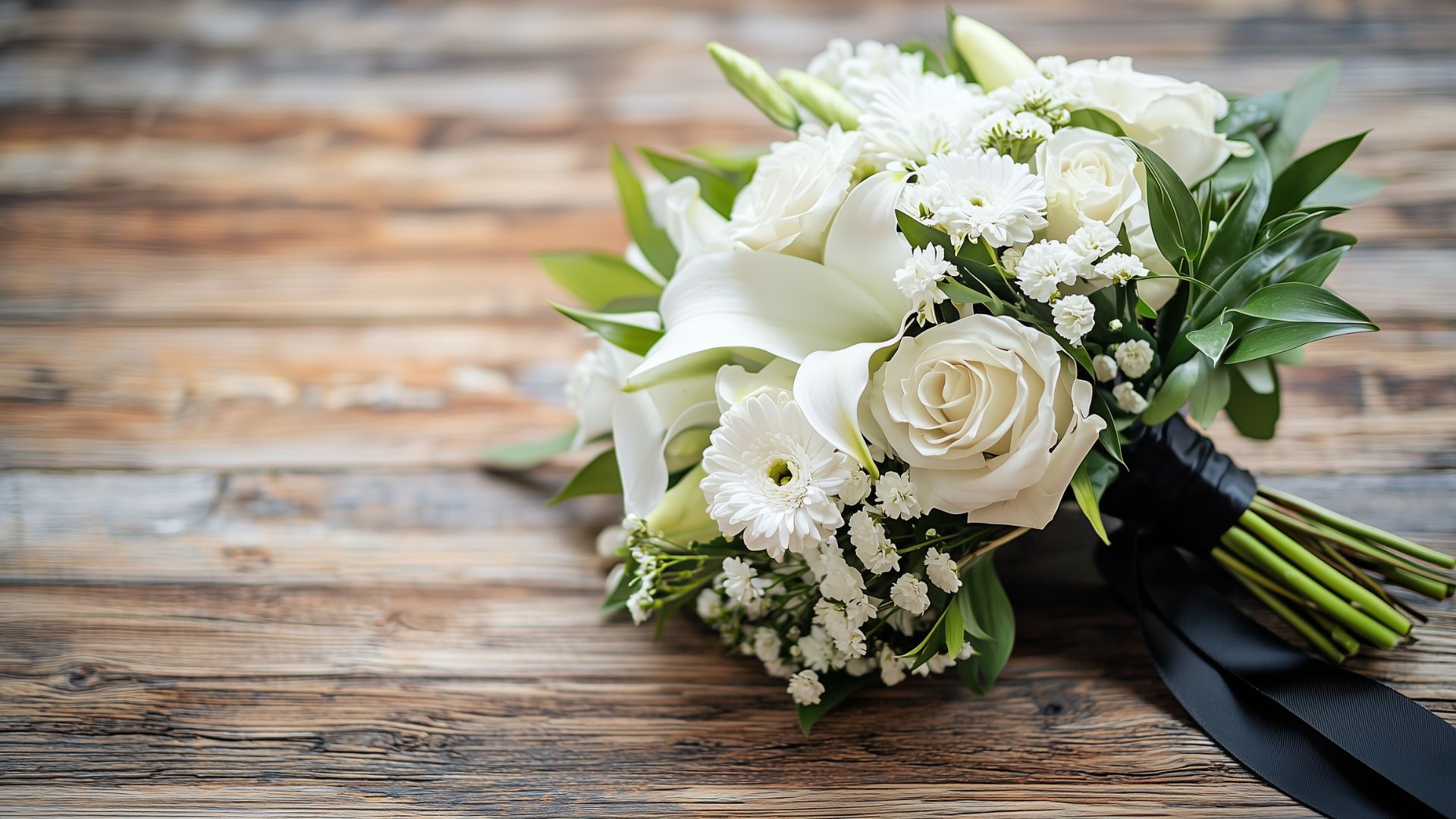 Bouquet de fleurs blanches et ruban noir posé sur une table en bois, symbole de deuil et de condoléances