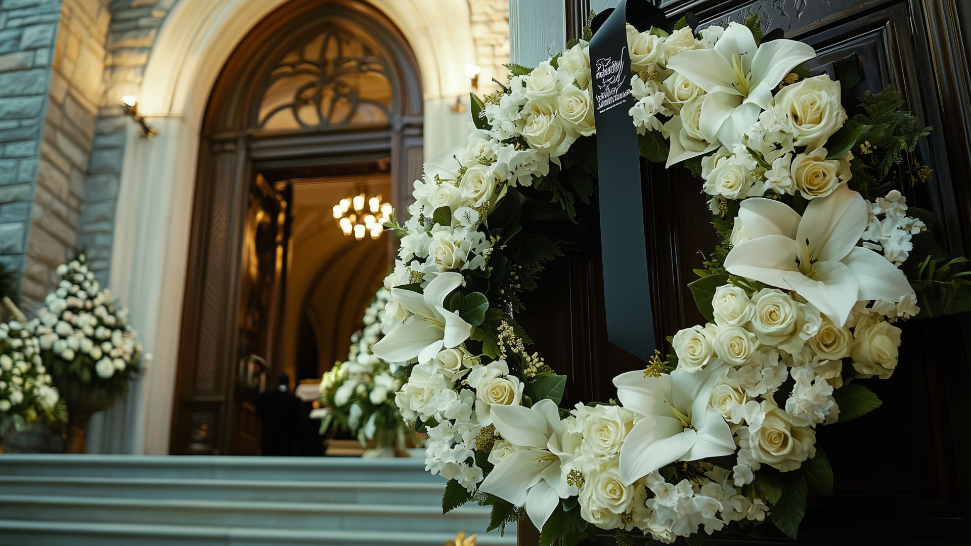 Couronne de fleurs blanches déposée devant l'entrée d'une église lors de funérailles