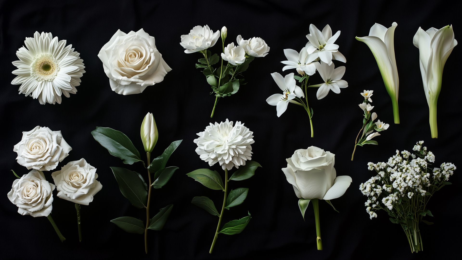 Différents types de fleurs de deuil - roses blanches, lys, œillets, chrysanthèmes