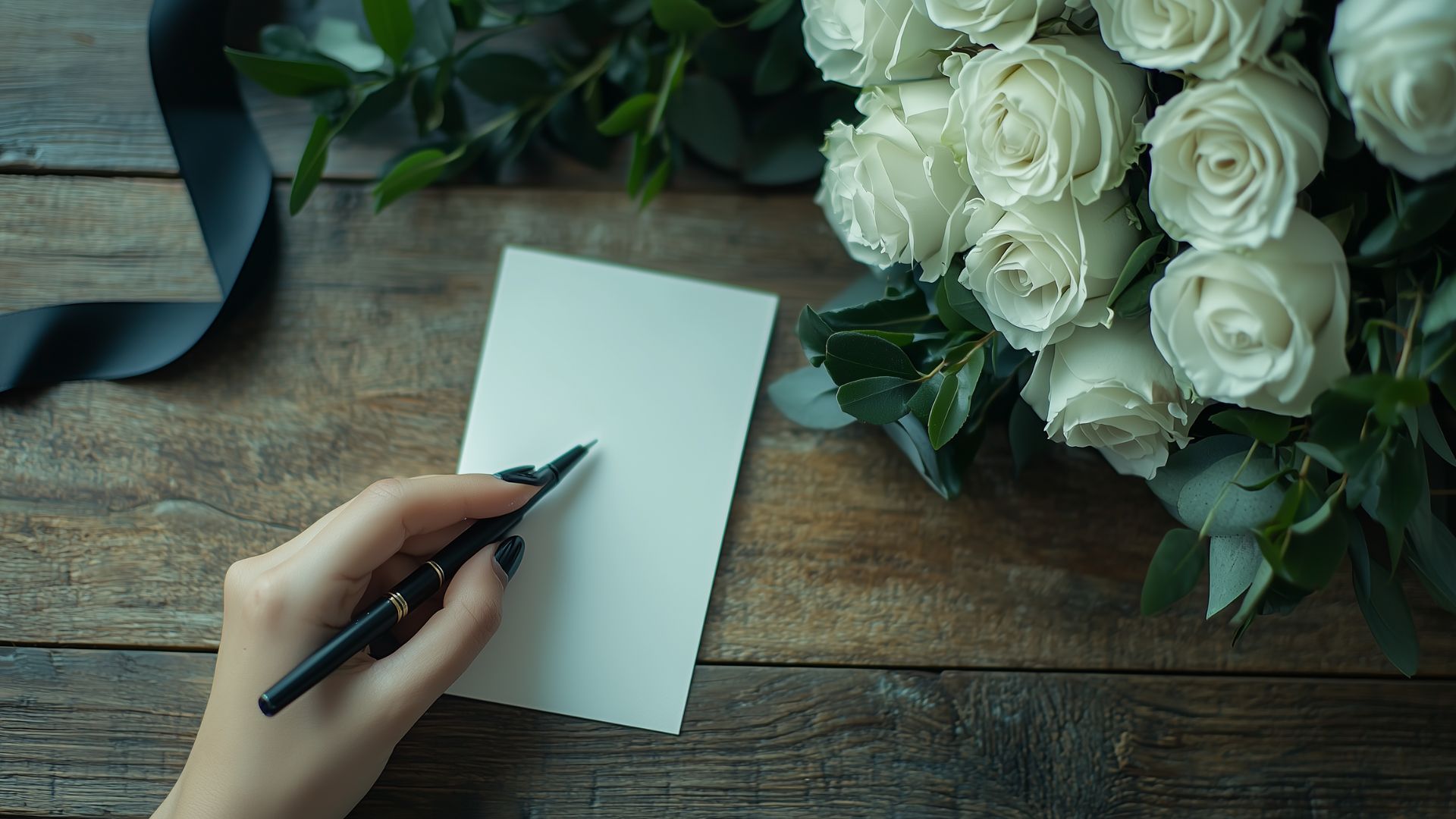 Main écrivant un message de condoléances sur une carte à côté d'un bouquet de fleurs blanches