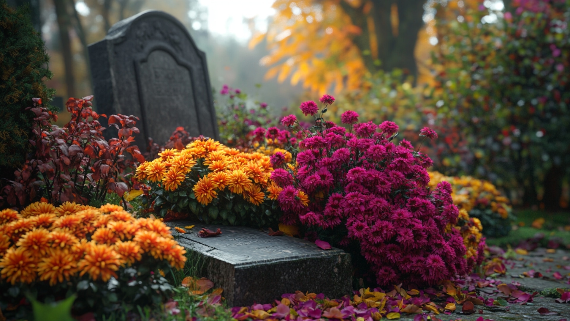 Chrysanthèmes, cyclamens et bruyères décorant une tombe pour la Toussaint