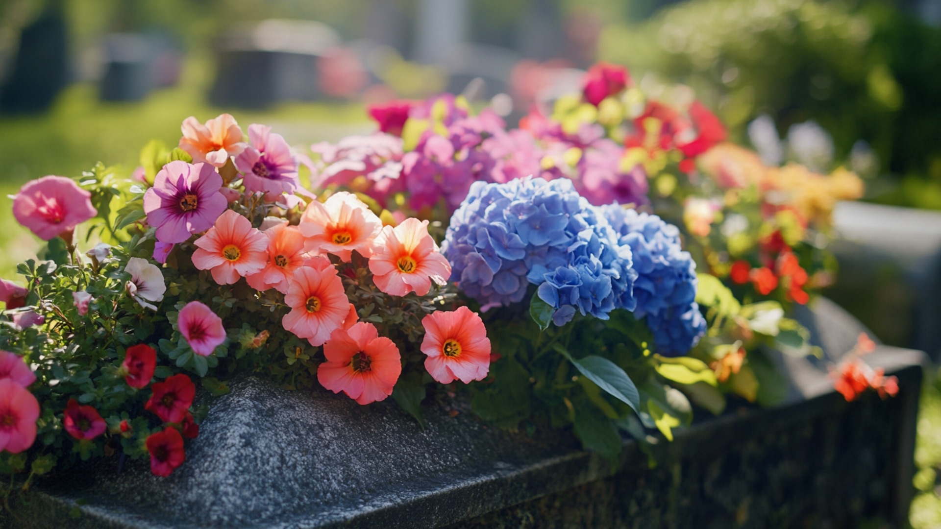 Fleurs de printemps colorées pour décorer une tombe au cimetière