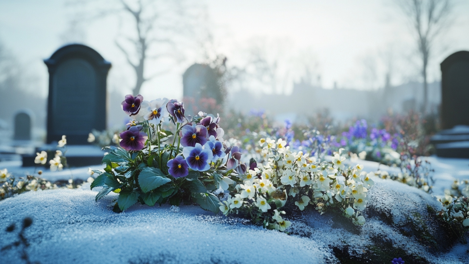 Hellébores, pensées et jacinthes fleurissant sur une tombe enneigée