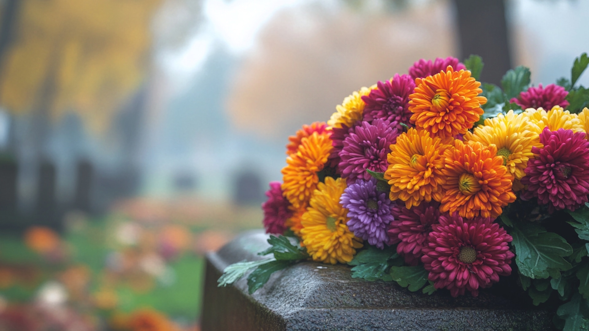 Fleurs pour cimetière - Chrysanthèmes colorés sur une tombe 