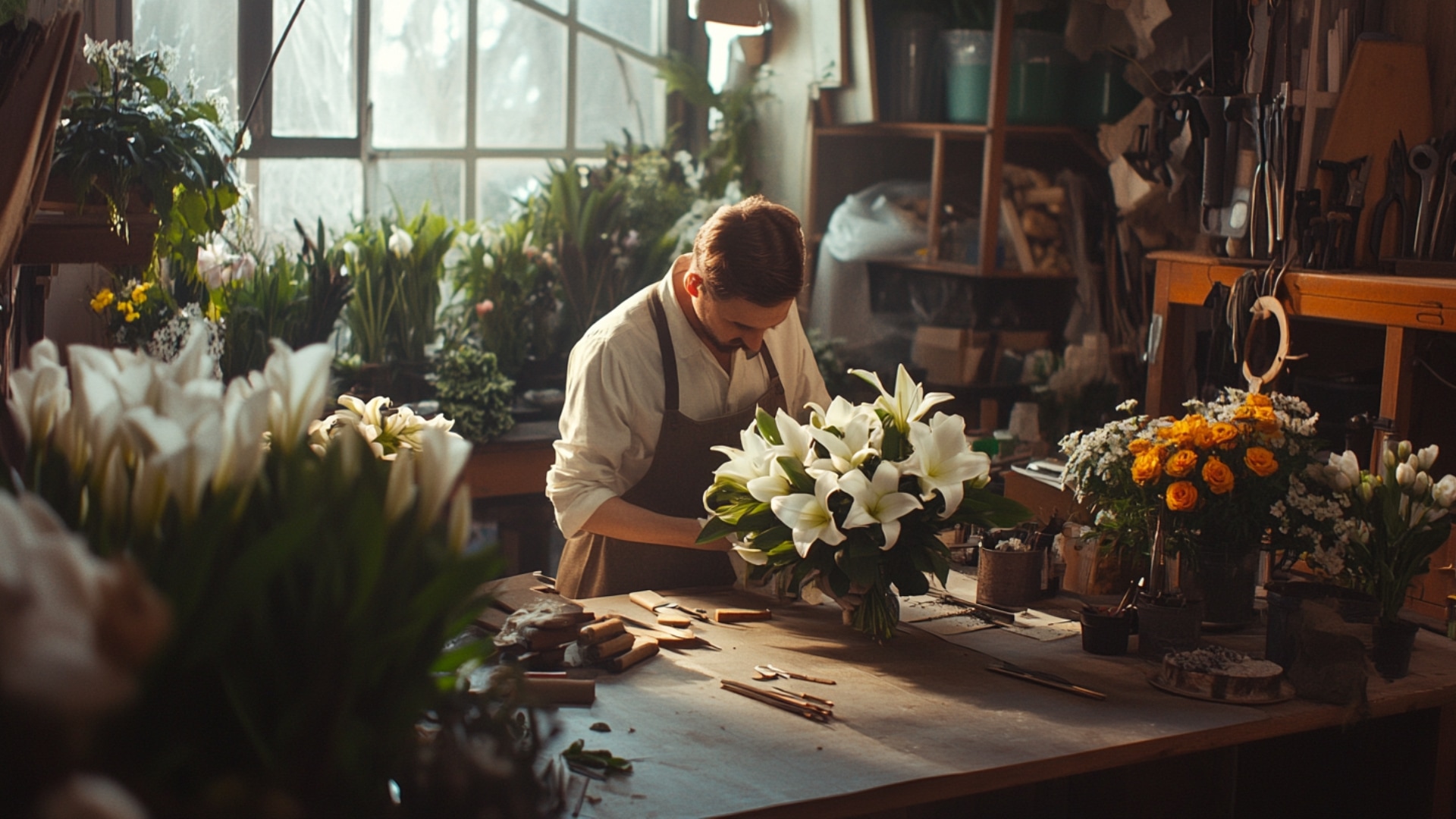 Artisan fleuriste préparant un bouquet funéraire personnalisé dans son atelier.