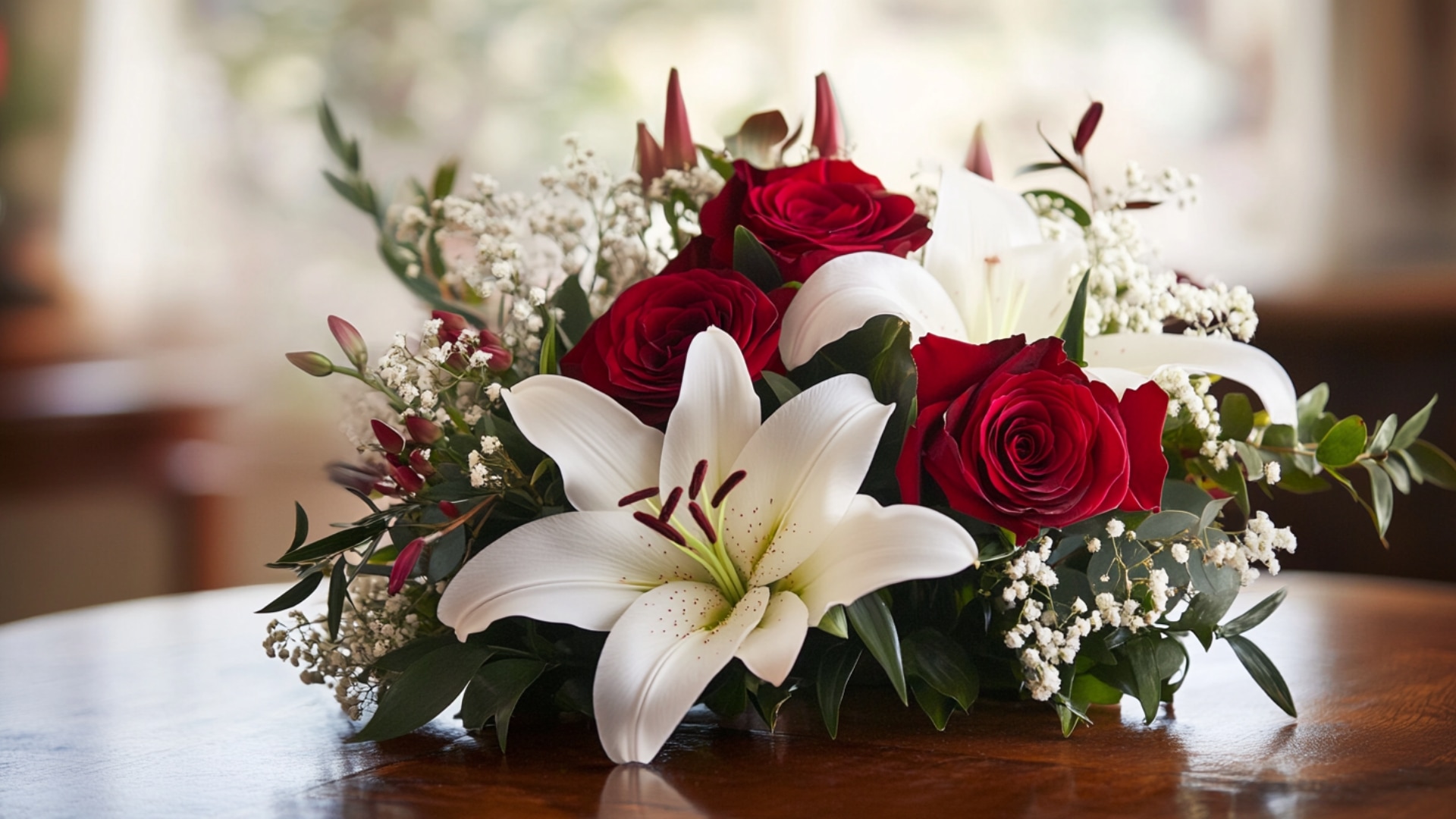 Bouquet funéraire avec lys blancs et roses rouges symbolisant pureté et amour éternel.