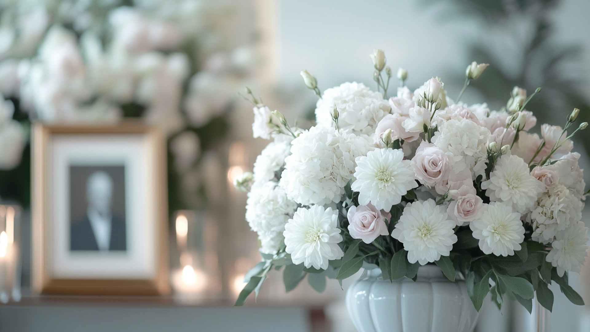 Composition florale funéraire avec chrysanthèmes blancs et orchidées pour un hommage élégant.