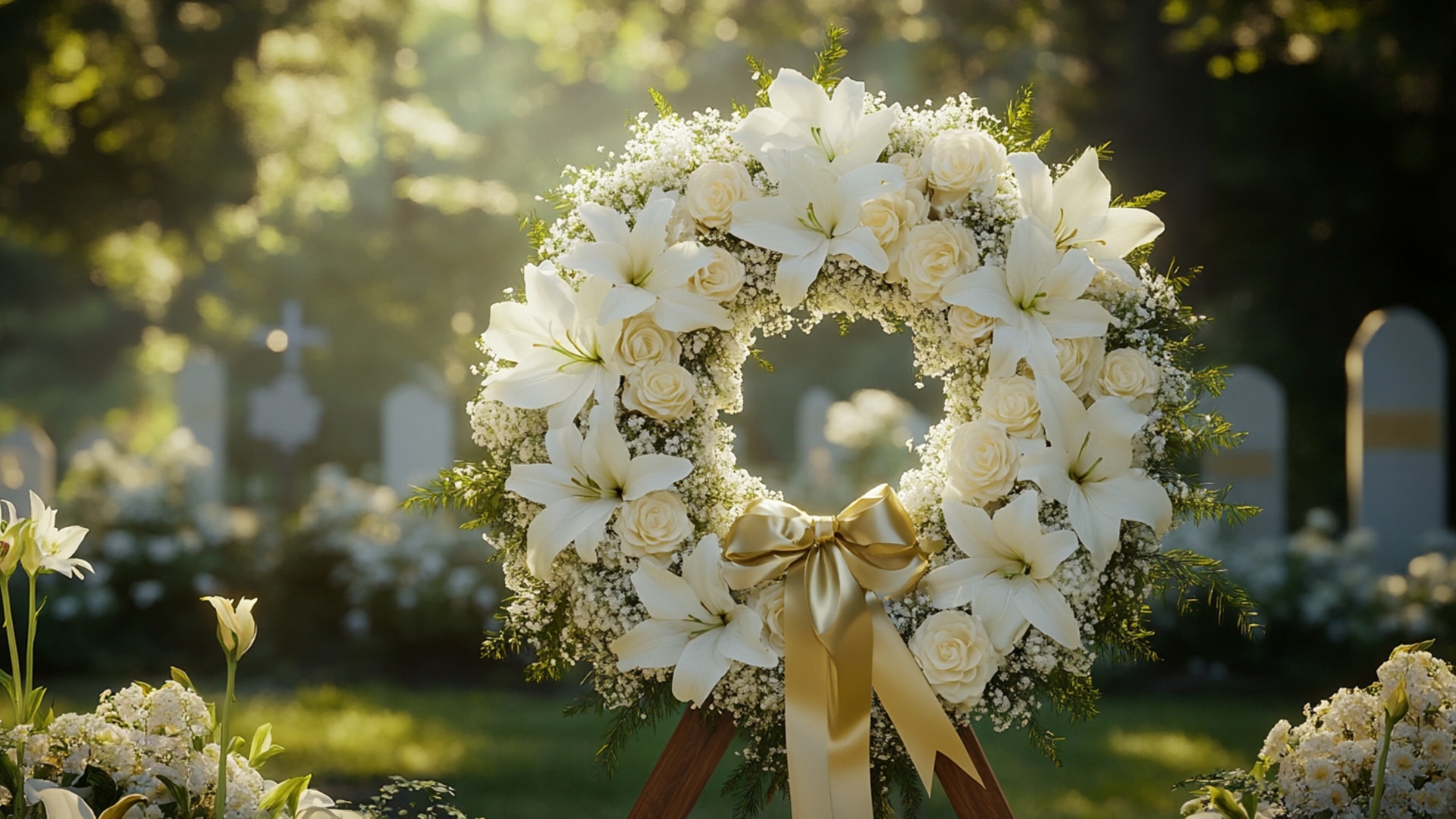 Couronne funéraire traditionnelle avec fleurs blanches et ruban personnalisé.